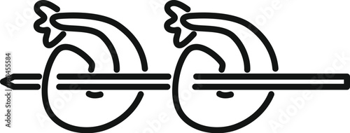 Line drawing of two shrimps being grilled on a skewer, perfect for restaurant menus