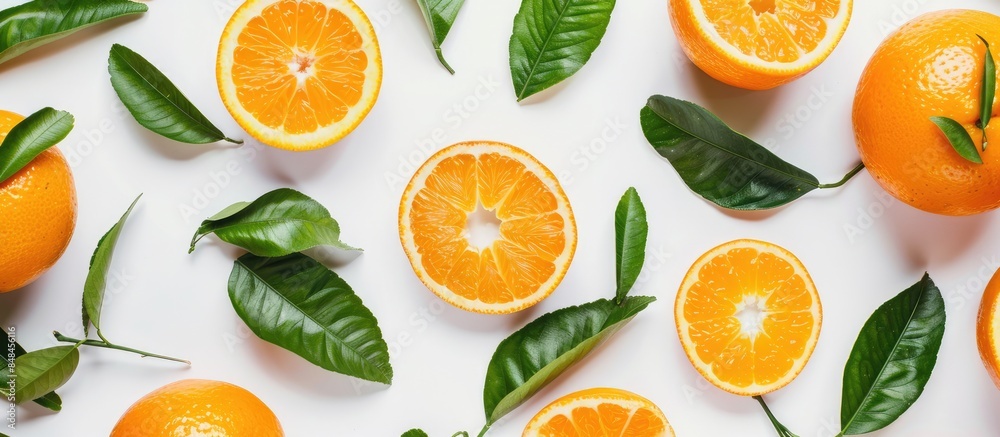 Orange fruit with sliced pieces and green leaves set against a white backdrop. Orange fruit with sliced pieces and green leaves set against a white backdrop.