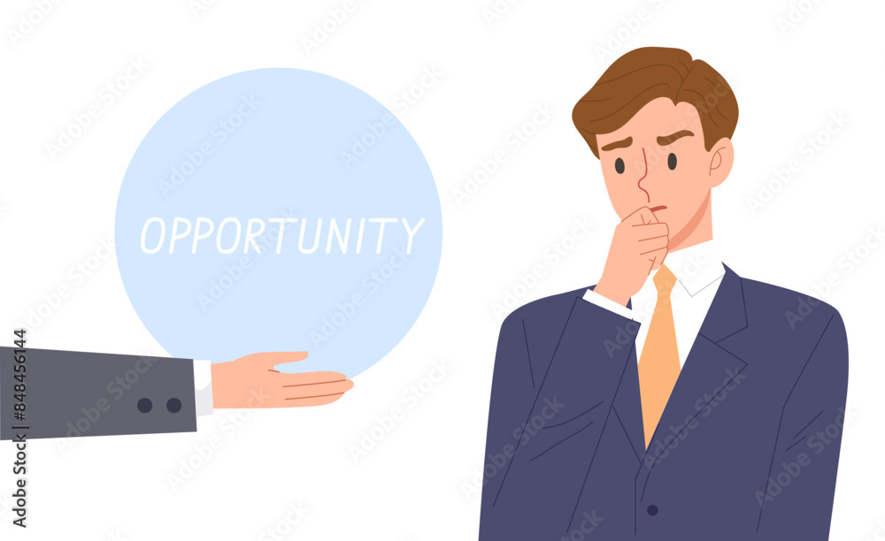 Young business man thinking with hand offer a big opportunity. Concept of business decision, job offer, career path. Flat vector illustration character isolated from background. Young business man thinking with hand offer a big opportunity. Concept of business decision, job offer, career path. Flat vector illustration character isolated from background.