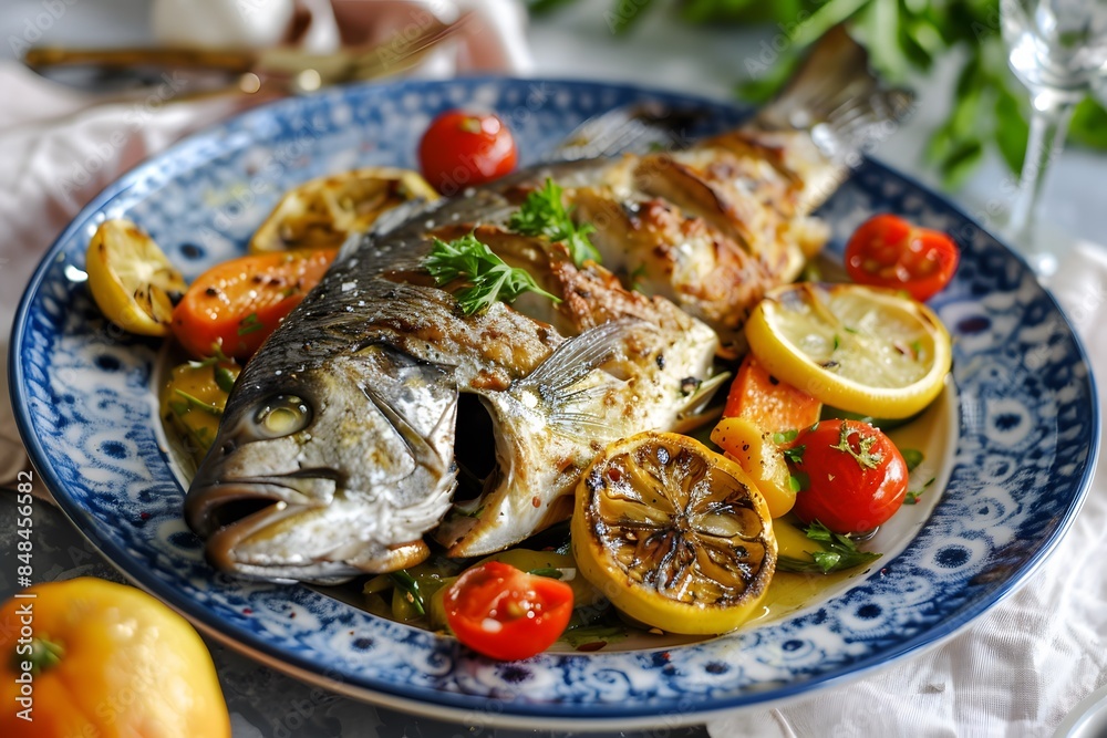 Cooked fish in the plate ready to eat Cooked fish in the plate ready to eat