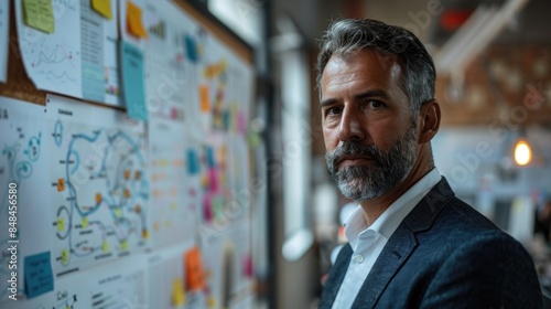 Experienced businessman in a large corporate office, standing by a white board with an elaborate business plan and strategic mind map, planning for future growth