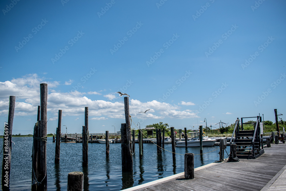 Fototapeta premium Boat docks and marine pilings blue skies