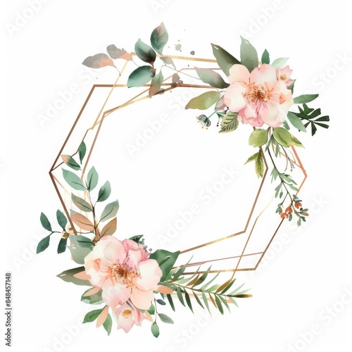Watercolor gold hexagon frame with pastel pink and green flowers 