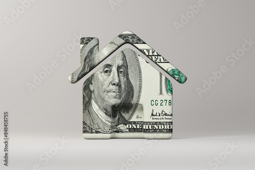 House symbol wrapped in $100 bill on neutral background with copy space. Mortgage, home value, investment concept. 3D illustration.
