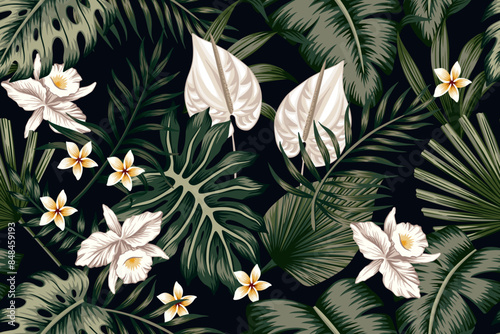 Tropical vintage white orchid flower, palm leaves floral seamless pattern black background. Exotic jungle wallpaper.