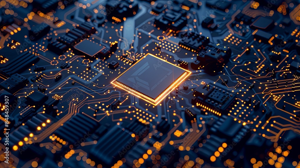 A close-up shot of a modern microprocessor on a circuit board with intricate digital data streams and glowing light effects, symbolizing the processing power of AI. Generative AI A close-up shot of a modern microprocessor on a circuit board with intricate digital data streams and glowing light effects, symbolizing the processing power of AI. Generative AI