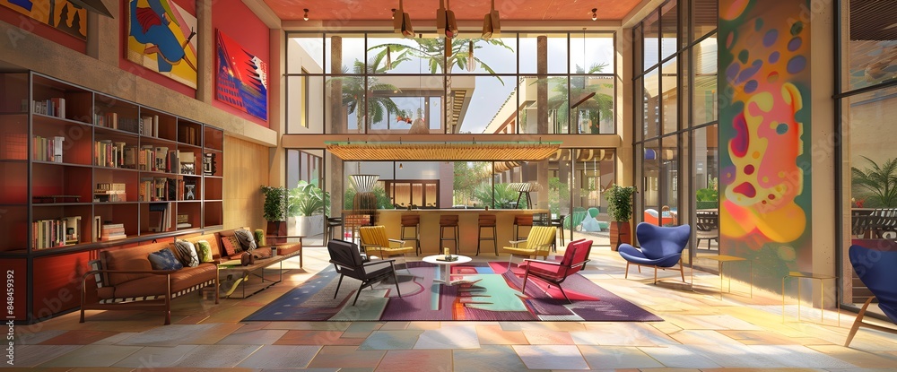 An interior design rendering of the lobby at The Nostalgia Hotel in Academia features bright colors and modern decor with a bar area