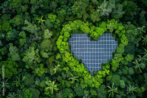 Heart-shaped solar panel installation in the forest, representing love for nature and renewable energy