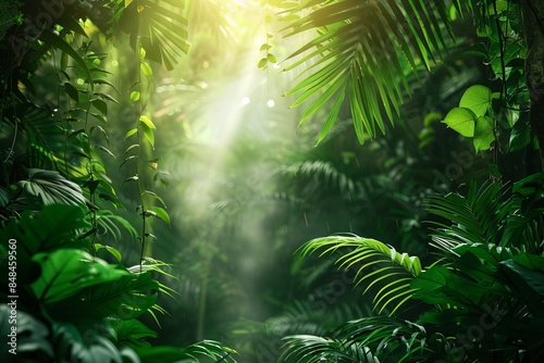 Lush green tropical rainforest with sunlight filtering through dense foliage, creating a serene and vibrant natural landscape. photo