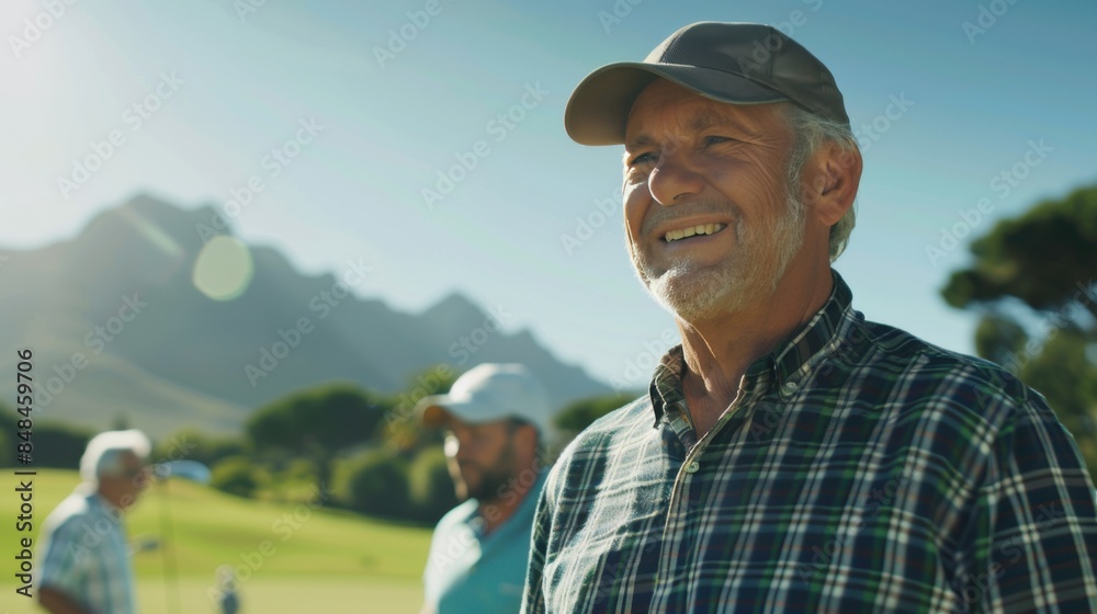Caucasian man retiree enjoying a game of golf with friends at sunny day Caucasian man retiree enjoying a game of golf with friends at sunny day