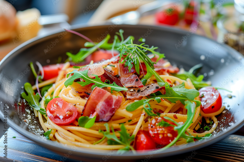 spaghetti with bacon, tomatoes and arugula in black plate spaghetti with bacon, tomatoes and arugula in black plate