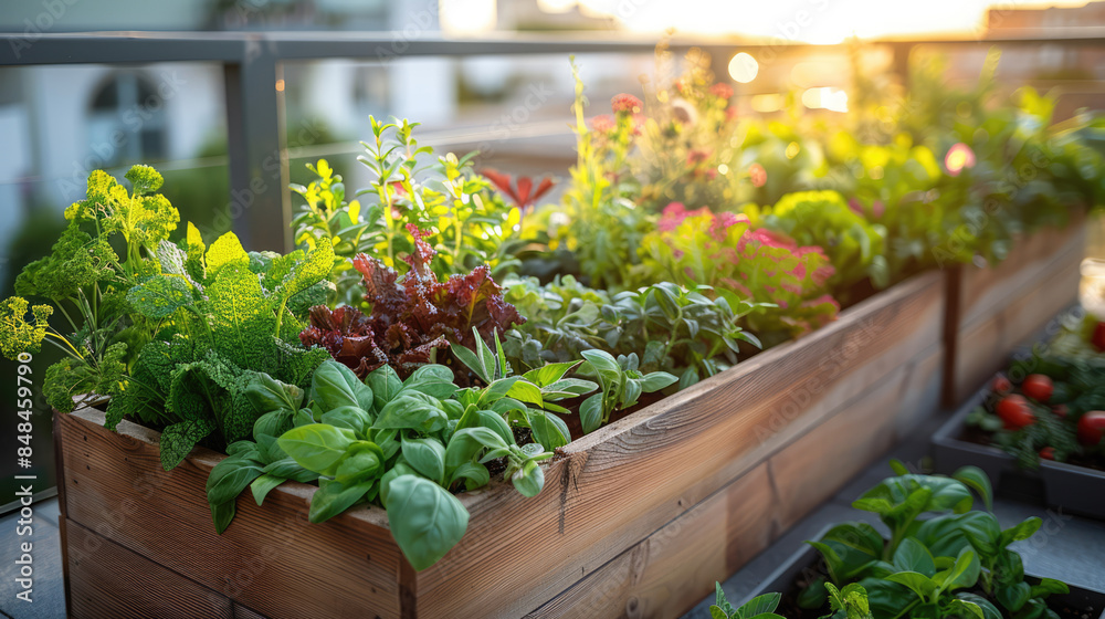 An urban rooftop garden with a variety of vegetables and herbs, showcasing urban farming and green living An urban rooftop garden with a variety of vegetables and herbs, showcasing urban farming and green living