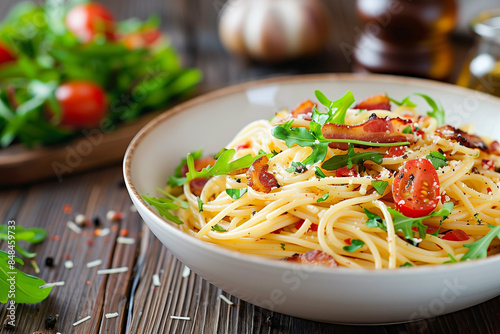 spaghetti with bacon, tomatoes and arugula in white plate