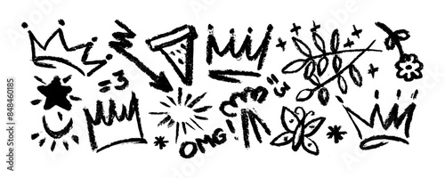 Collection of brush drawn symbols:  crowns, arrows, crosses, butterfly, star, flower,  swirls and dots with dry brush texture. Exclamation and question marks. Bold graffiti style shapes. 