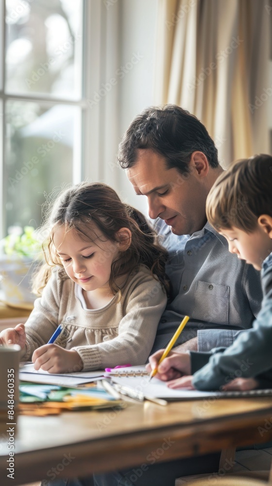 Caucasian parents help children with homework writing and studying Caucasian parents help children with homework writing and studying