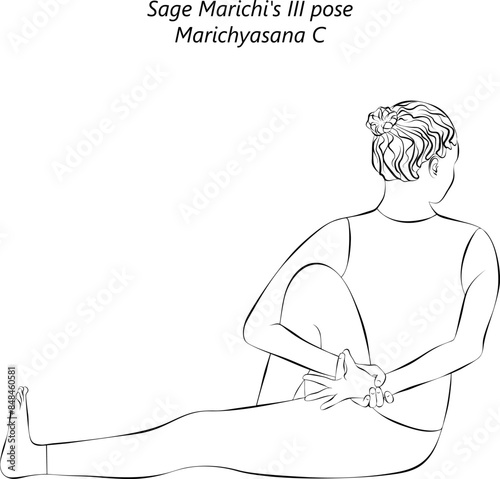 Sketch of young woman practicing Marichyasana C yoga pose. Sage Marichi III pose. Intermediate Difficulty. Isolated vector illustration.