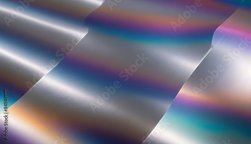 A vibrant, reflective metallic surface with alternating bands of color and light.