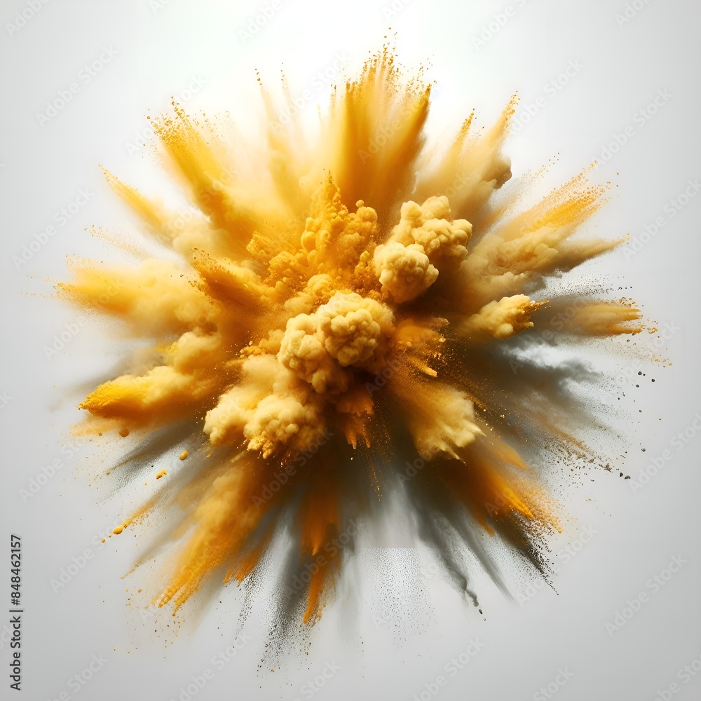 Explosion of yellow powder on a white background