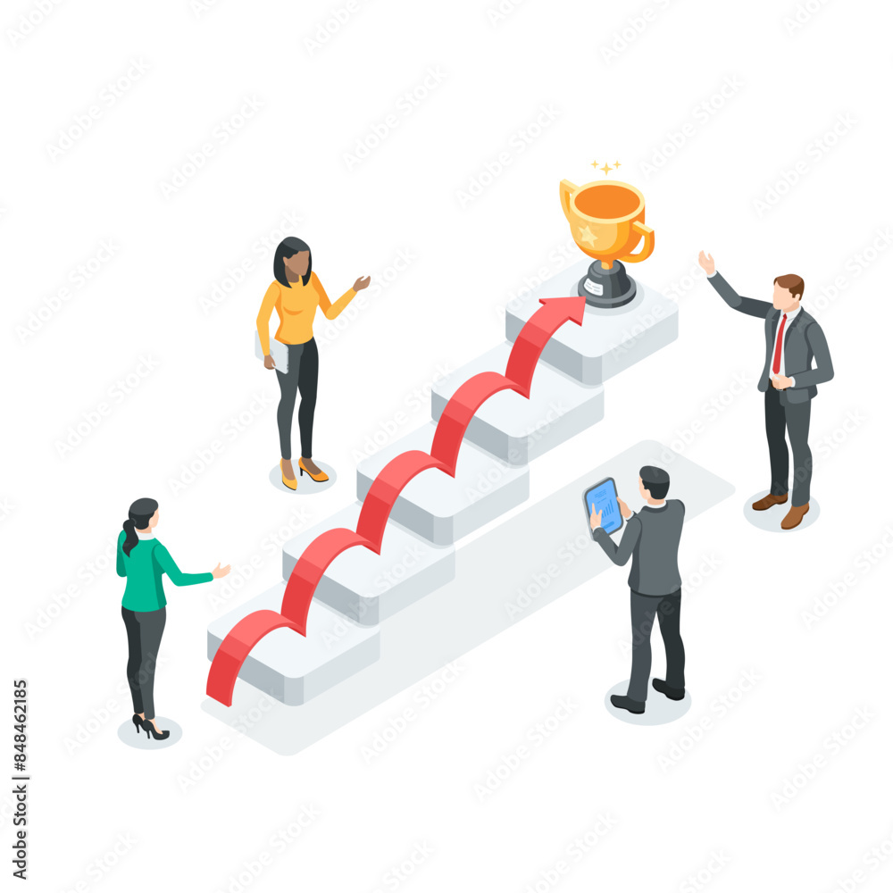 isometric vector business people discussing a diagram in the form of a ladder climbing arrow up to a cup, in color on a white background, business success strategy isometric vector business people discussing a diagram in the form of a ladder climbing arrow up to a cup, in color on a white background, business success strategy