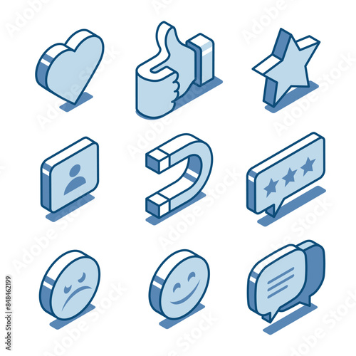 isometric vector set of linear icons of messages and likes, in color on a white background, chat or social network