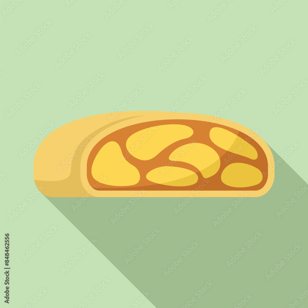 Apple strudel is lying horizontally showing filling on green background Apple strudel is lying horizontally showing filling on green background