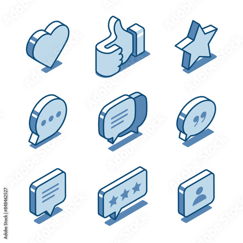 isometric vector set of linear icons of messages and likes, in color on a white background, chat or social network