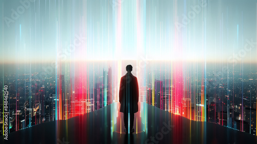 Human Silhouette Overlooking a Vibrant Cyberpunk Cityscape with Neon Light Streaks, Futuristic City