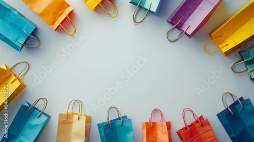 Colorful White Fashion Shopping Bags Arranged on Minimalist White Background Highlighting Retail, Consumerism, and Modern Shopping Concepts