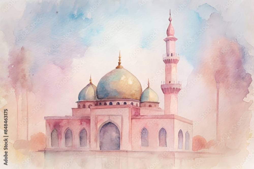Obraz premium Islamic Mosque facade watercolor illustration.