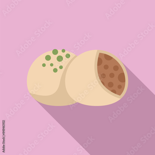 Illustration of two pieces of mochi with red bean paste filling, traditional japanese dessert