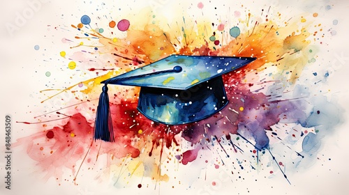 graduation cap and watercolor splashes, illustration