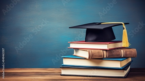 Graduation hat and stack of study books. with copy space
