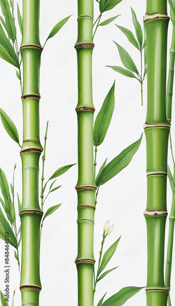 Bamboo stem in a lush tropical garden setting, isolated on a white background