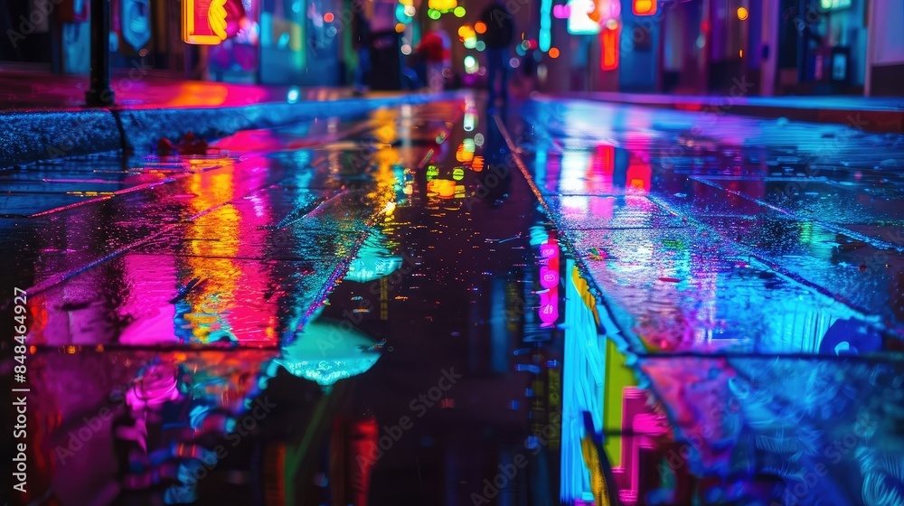 Fototapeta premium Vibrant spectrum of neon lights reflecting on wet pavement
