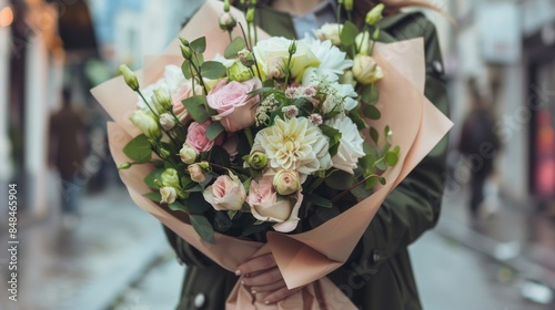 A beautiful bouquet of white and pink flowers held in the hands of an elegant girl, wrapped with light pink paper