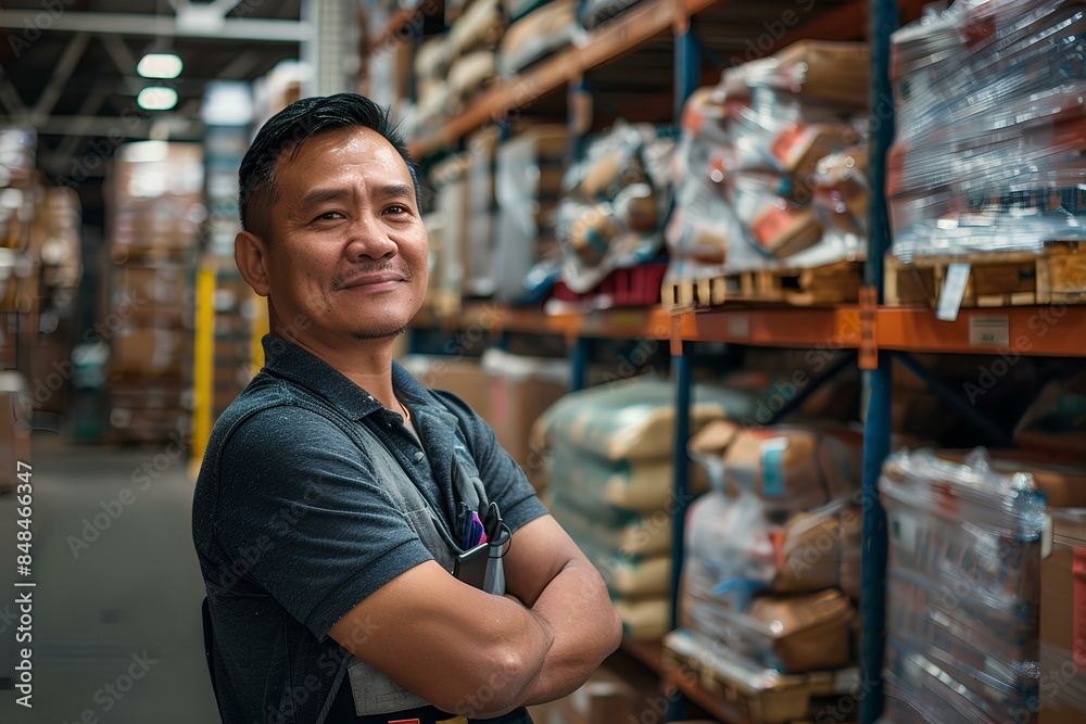 A man standing in front of shelves in a warehouse A man standing in front of shelves in a warehouse