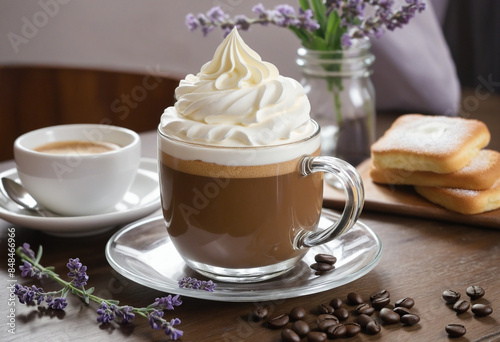 A delicious Viennese lavender latte with whipped cream served in a glass cup