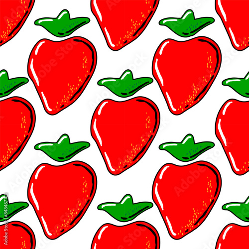 Seamless Strawberry pattern. Doodle hand drawn vector illustration with cartoon Red Berry. Berry organic food for dessert menu, invitation, wallpaper, textile, wrapping, packaging. Food background