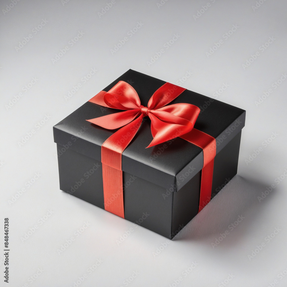 Obraz premium Festive surprise: Striped red ribbon adorns a shiny black gift box