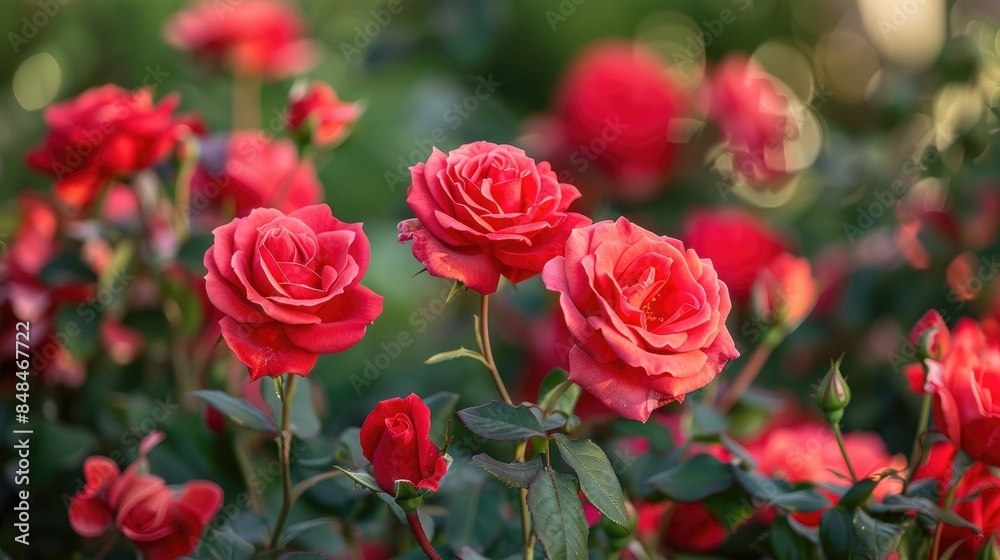 Blooming Red Roses in a Home Garden Blooming Red Roses in a Home Garden