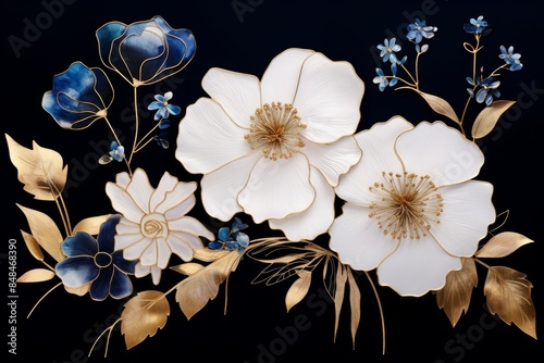 Vintage spring flowers, fluid art over dark background photo