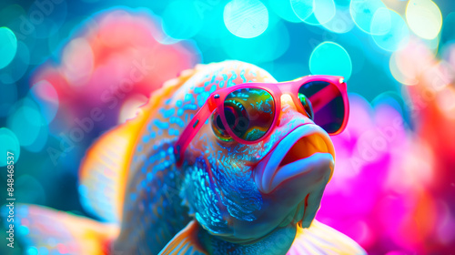 A fish wearing sunglasses and a red hat. The fish is in a colorful aquarium photo