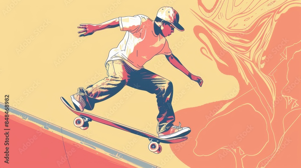Naklejka premium a skateboarder is riding down a ramp