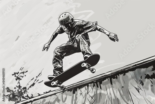 a black and white drawing a skateboarder on a ramp