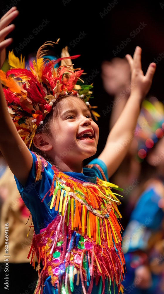 Happy white girl in vibrant costume celebrating on stage, representing joy and festivity Happy white girl in vibrant costume celebrating on stage, representing joy and festivity