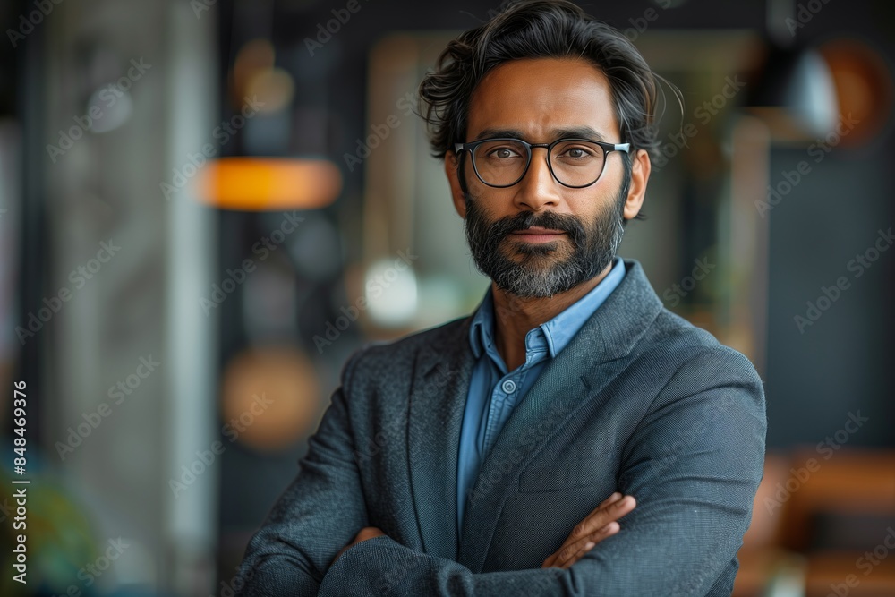 A man with glasses and a beard is standing in front of a wall. He is wearing a suit and jacket and has his arms crossed A man with glasses and a beard is standing in front of a wall. He is wearing a suit and jacket and has his arms crossed