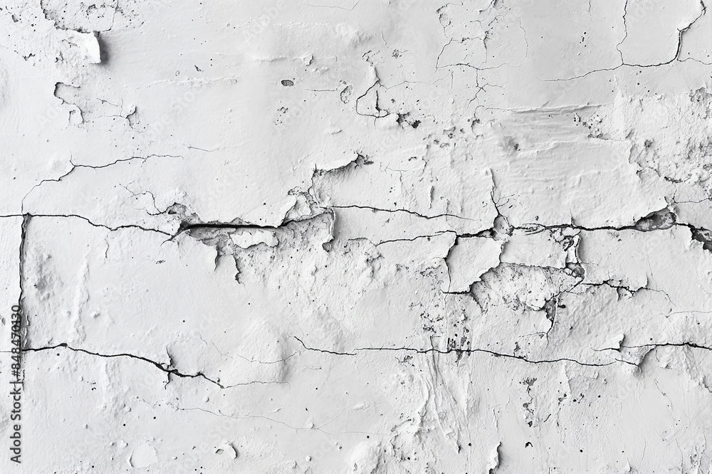 A detailed texture of white paint peeling off an old wall, showcasing the intricate patterns and textures. The neutral tones evoke the feeling of aged walls or a torn paper collage.