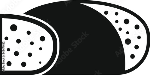 Black and white icon of a round piece of cheese with a slice cut off