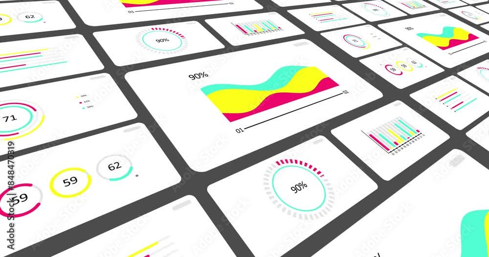3D animated Infographics set. Animation of seven different charts and graphs in bright color isolated on white background. High quality 4k motion design