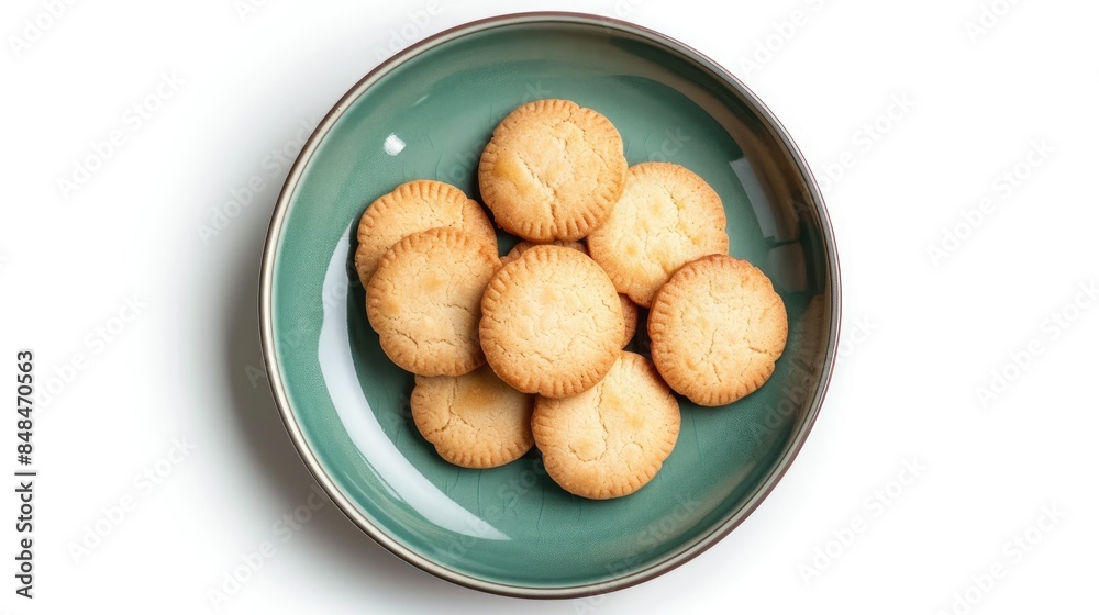 Danish butter cookies arranged on a green plate from above on a white background with clipping path Danish butter cookies arranged on a green plate from above on a white background with clipping path